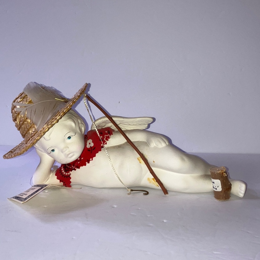 Ceramic Cherub Bud: “early youth” Figurine with Straw Hat, Bandana, Fishing Pole